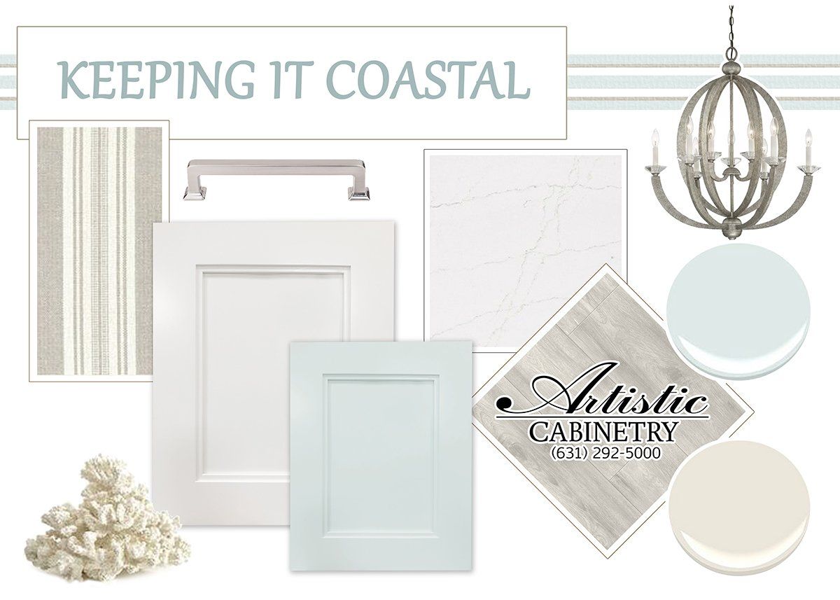 A collage of white cabinets , tiles , a chandelier , and a sign that says keeping it coastal.