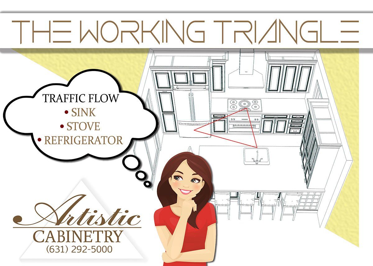 A woman in a red shirt is thinking about the working triangle