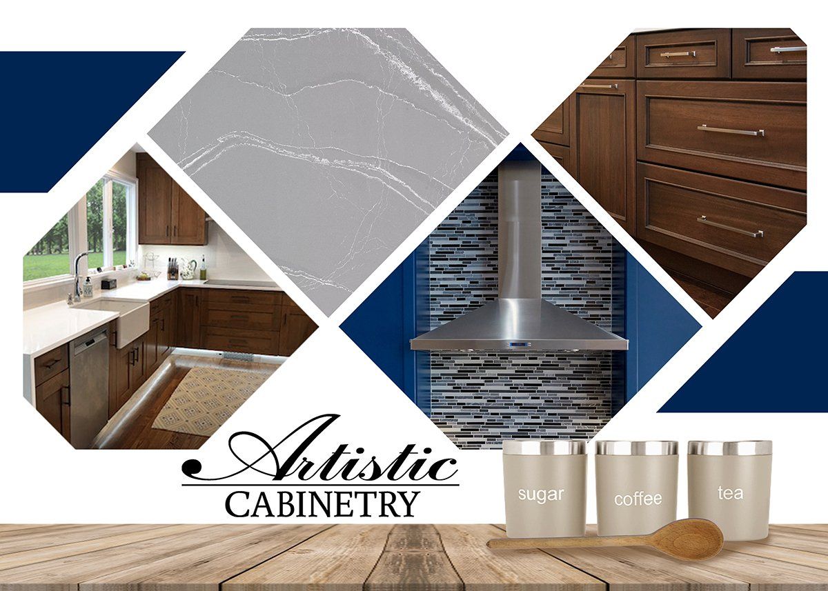 A collage of pictures of a kitchen with the words artistic cabinetry on the bottom.