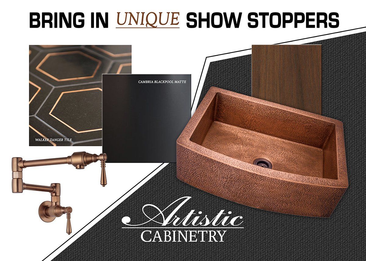 An artistic cabinetry advertisement with a sink and faucets