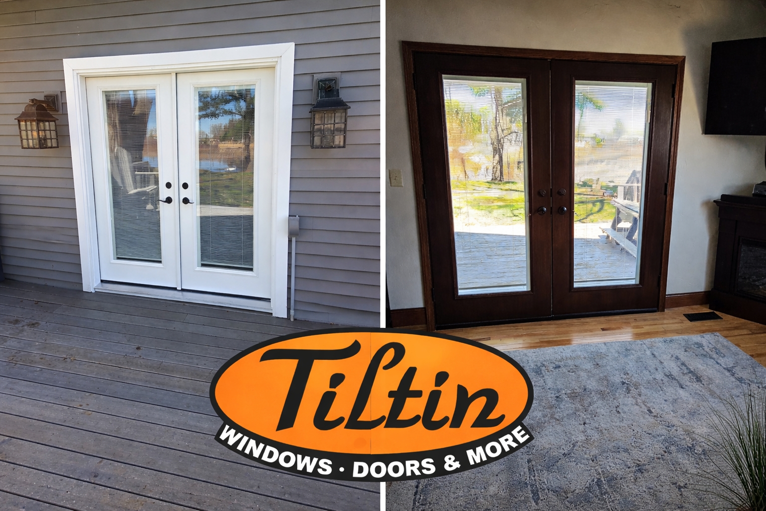 Two door installation photos with Tittin Windows, Doors & More logo overlaid