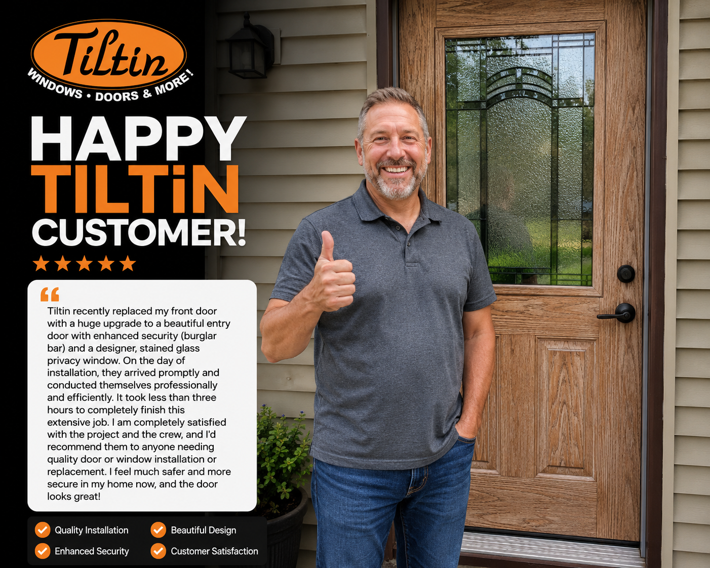 Smiling man gives thumbs-up beside a wood front door in a Tilton customer testimonial ad.
