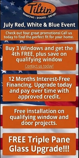 Tilton windows ad with orange promos for white, blue and red, featuring 3 for 4th free and financing offers