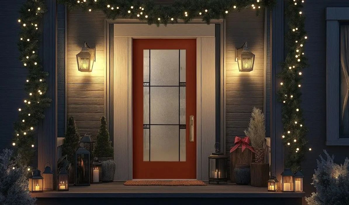 Red door with frosted glass, decorated porch with garland and lights.