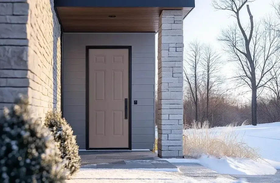 Beige front door with black trim and handle, gray siding, stone pillar, snowy winter landscape.