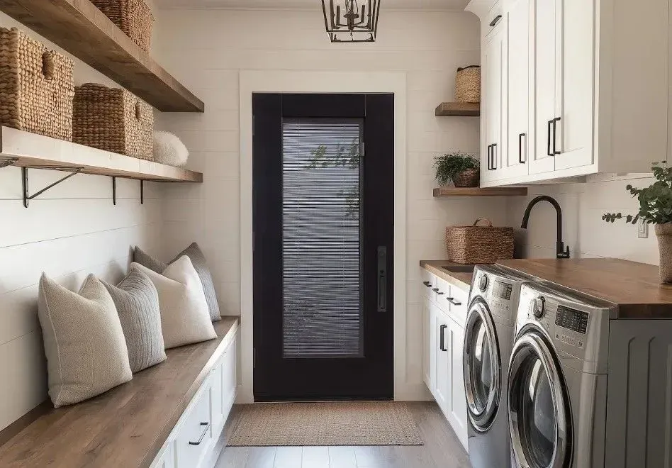 Laundry room with white cabinets, wood countertops, and open shelves, black door.