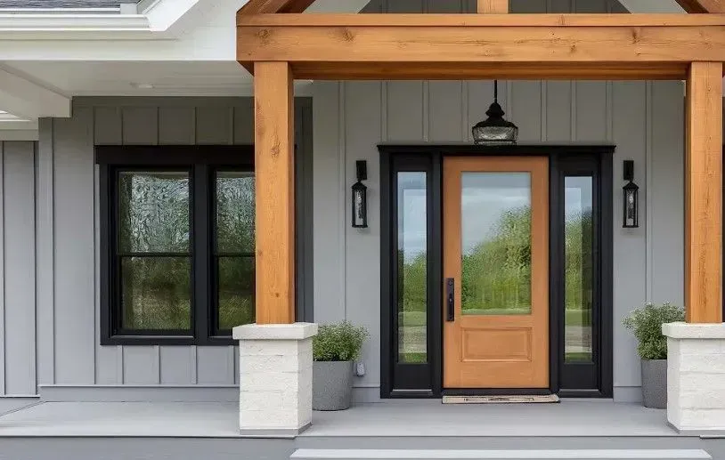 Gray house entrance with wooden columns, black-framed door and window, and hanging light.