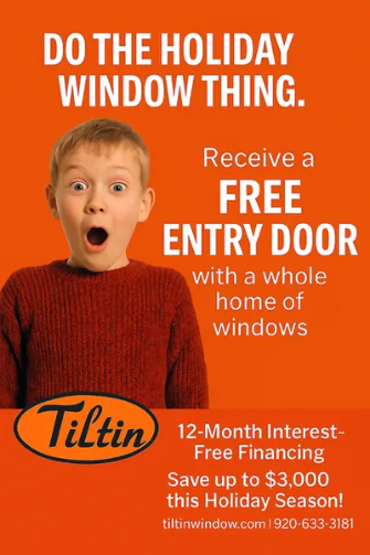 A boy with a surprised expression advertises a free entry door with a new window purchase. Orange background.