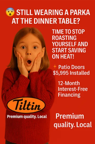 Ad: Girl with surprised expression, red text, advertises patio doors, $5,995 installed, with interest-free financing.
