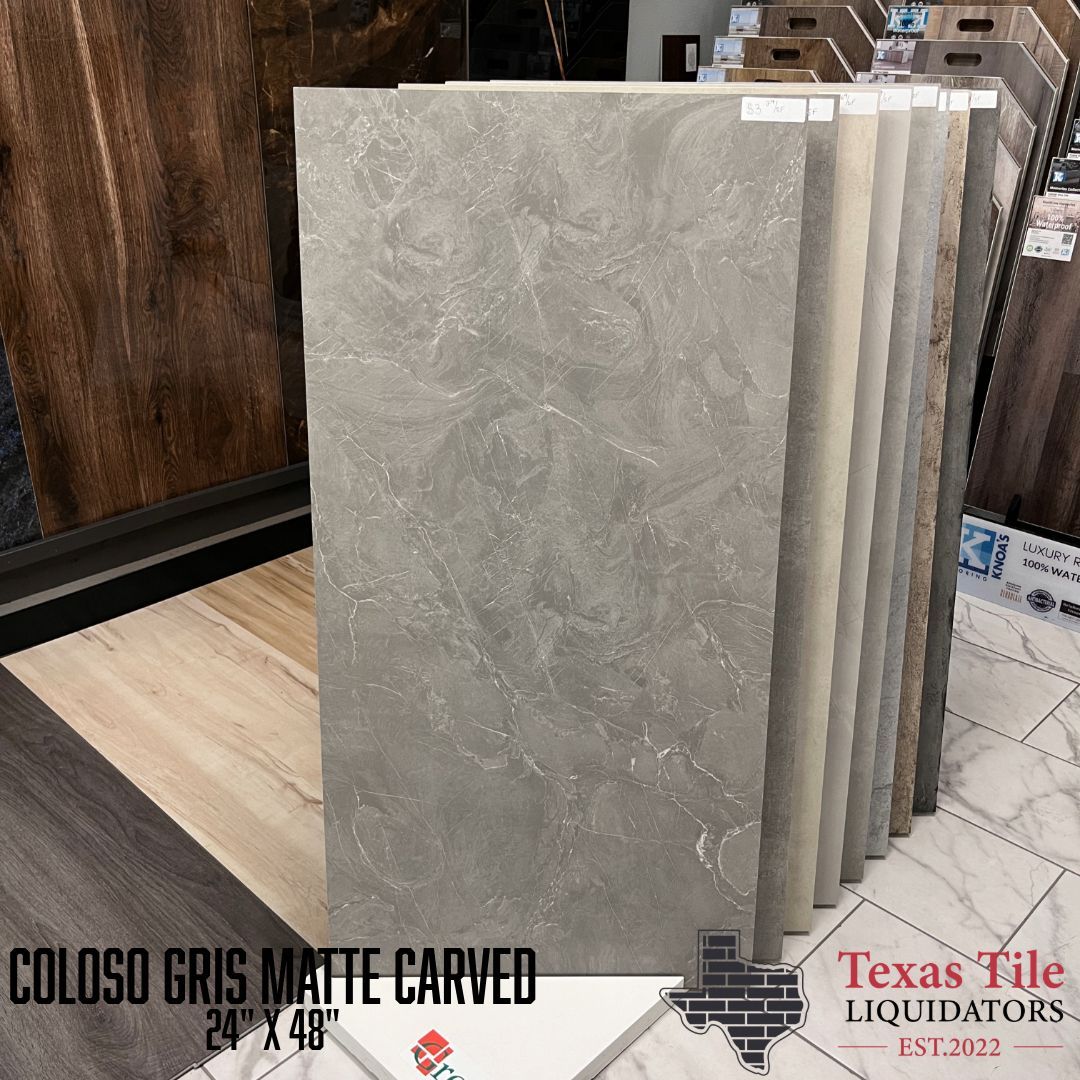 A display of colossus gris matte carved tiles