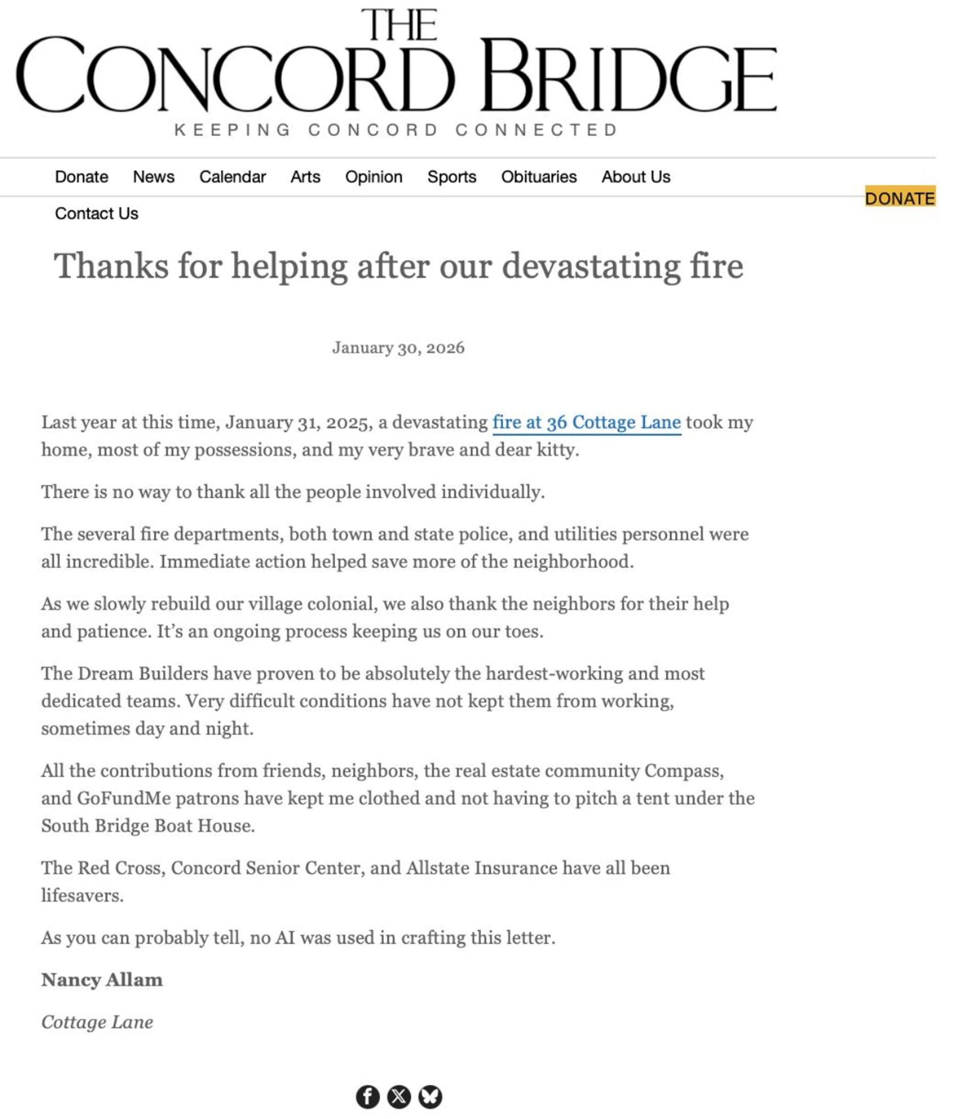The Concord Bridge newspaper website with a thank you message about a devastating fire
