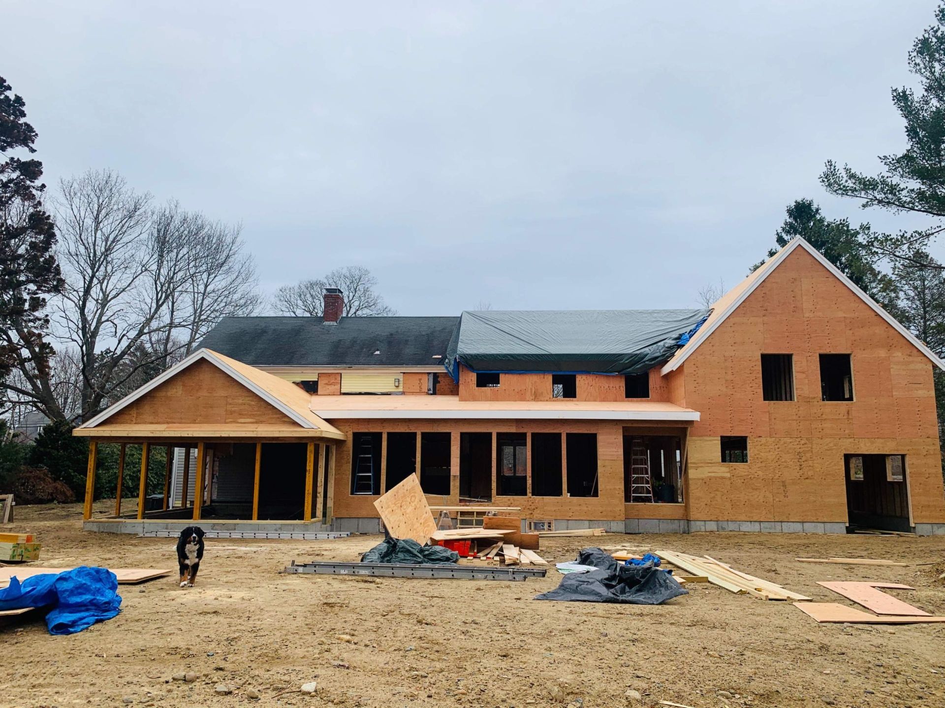 House under construction with exposed wooden frame and an older section. Dog on dirt.