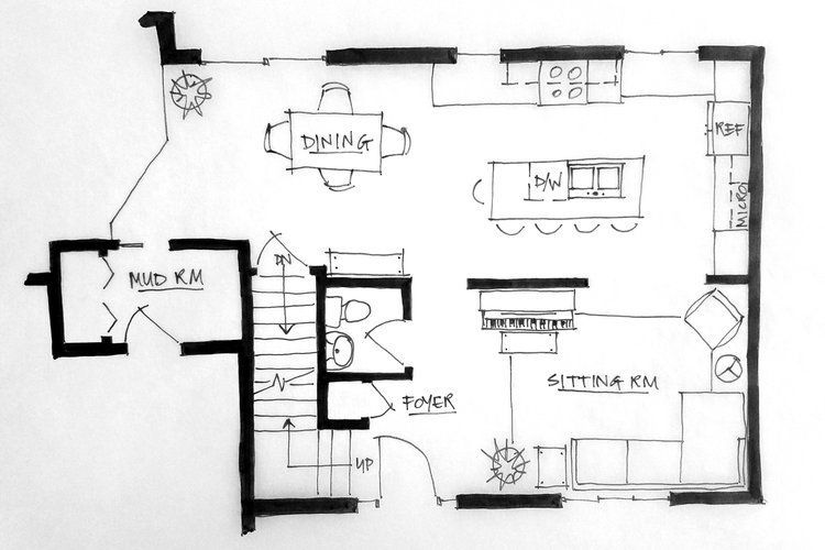 Floor plan of a home with a kitchen, dining area, sitting room, entry foyer, and stairs to the next level.