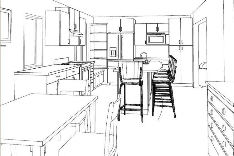 Line drawing of a kitchen with cabinets, island with stools, refrigerator, and table with chairs.
