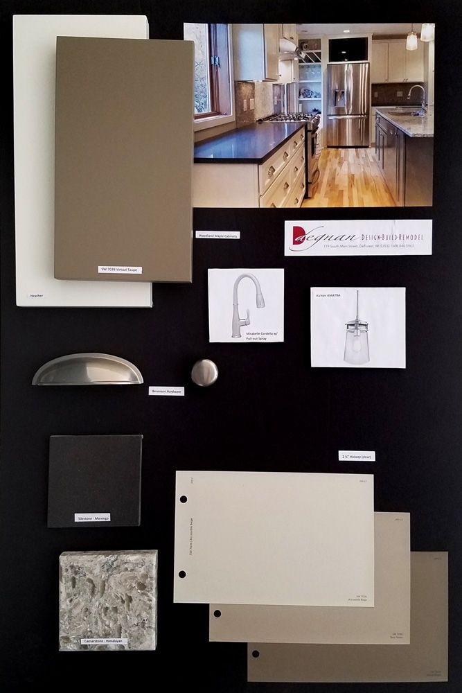 Mood board for kitchen remodel with paint chips, hardware, and a kitchen photo.