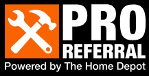Orange and white Pro Referral logo with crossed wrench and hammer, powered by The Home Depot.