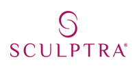 SCULPTRA logo in magenta with a stylized S symbol on a white background