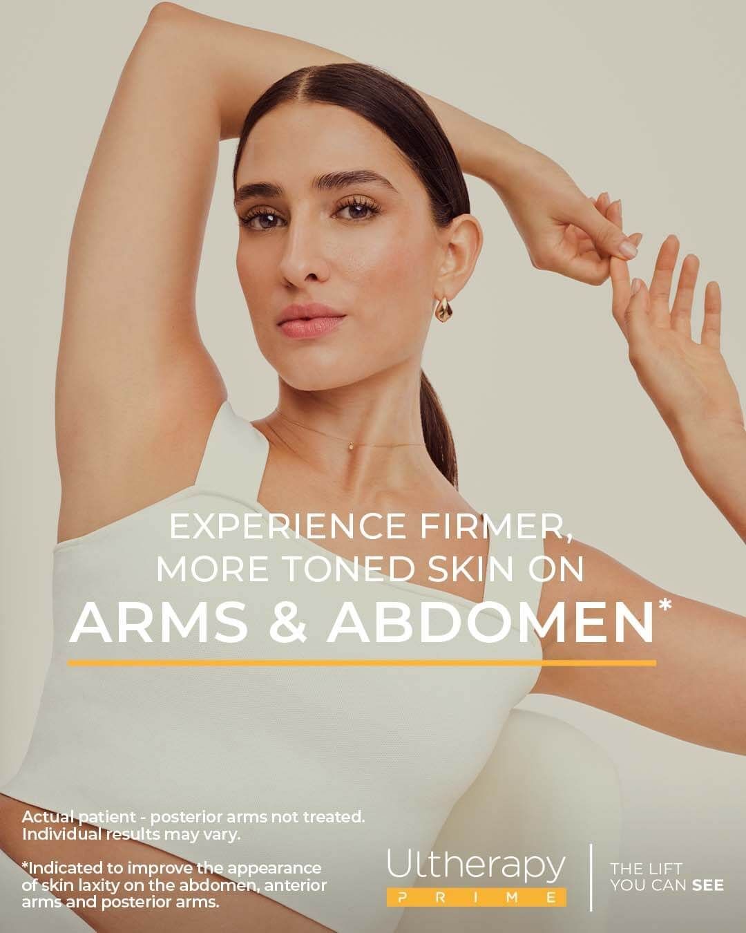 Woman posing in beige activewear with arms raised; text promotes firmer, toned arms and abdomen.
