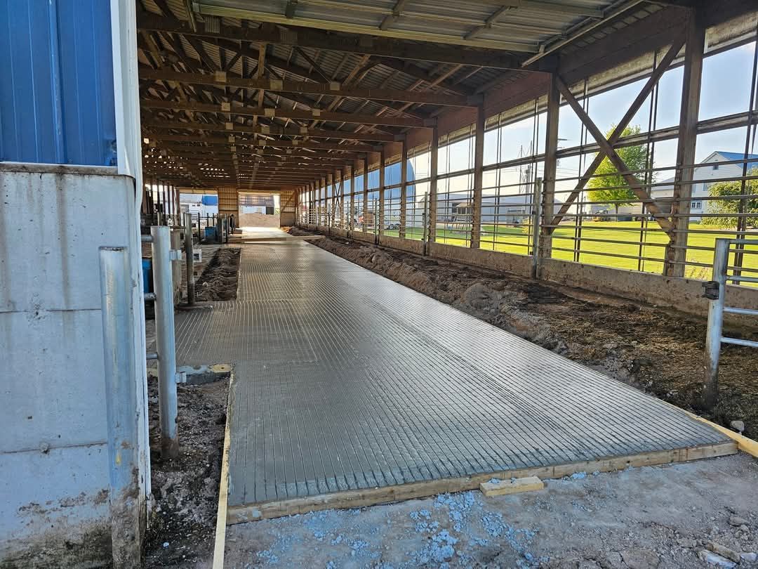 A large barn with a lot of windows and a concrete floor.