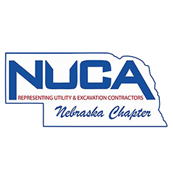 Logo for NUCA Nebraska Chapter, featuring blue letters on a white outline of the state with red text below.