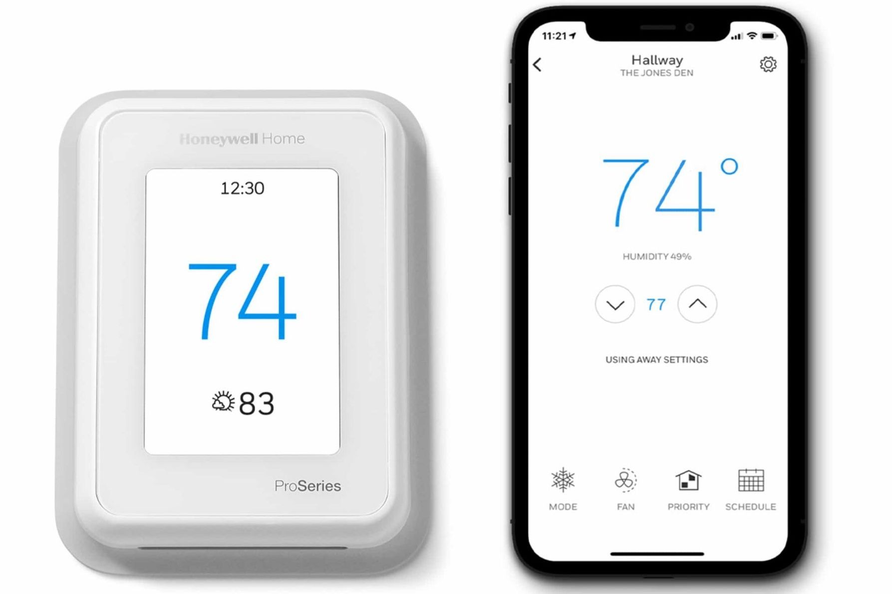 A smart thermostat and a smart phone are sitting next to each other.