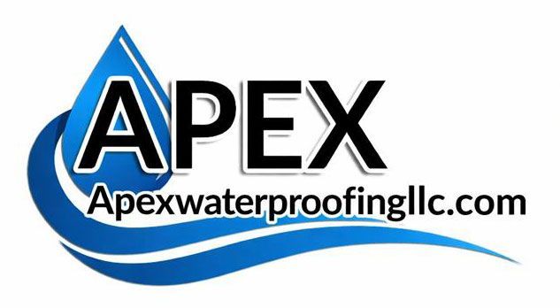 Logo for Apex Waterproofing LLC: Blue water droplet with "APEX" in white letters, and curved blue water lines. Website address below.