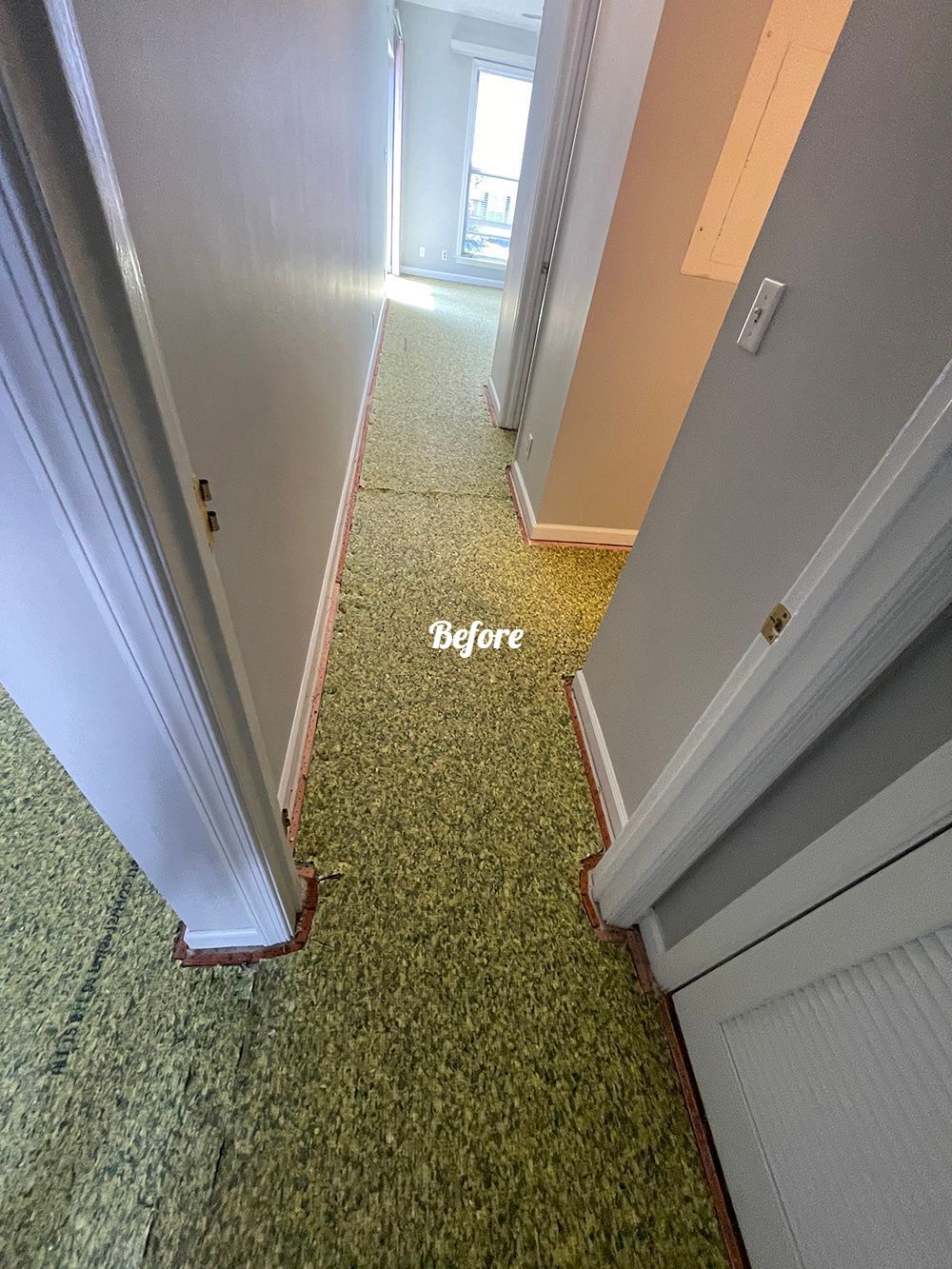 A hallway with a green carpet and a white door.