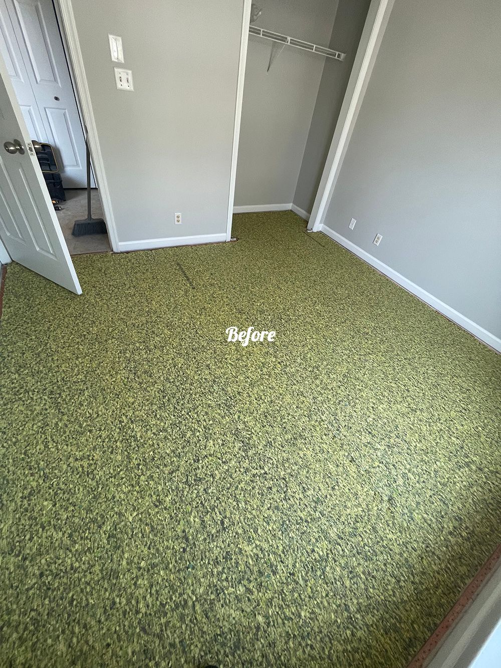 A bedroom with a green carpet and a closet.