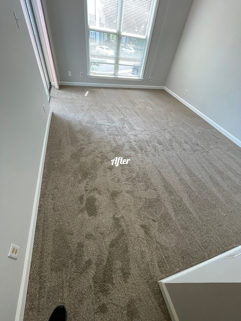 A room with a carpeted floor and a window.