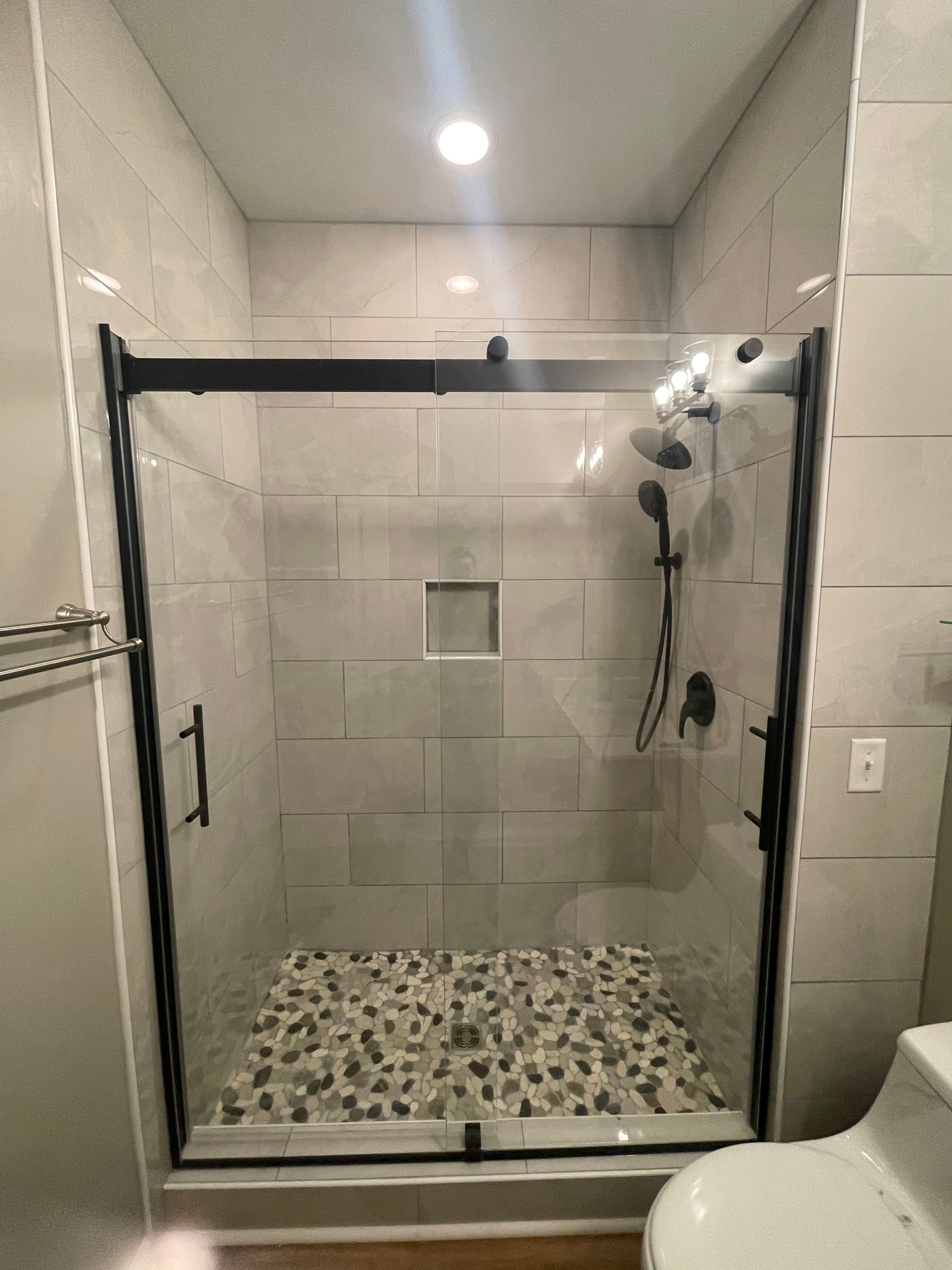 A bathroom with a walk in shower and a toilet.