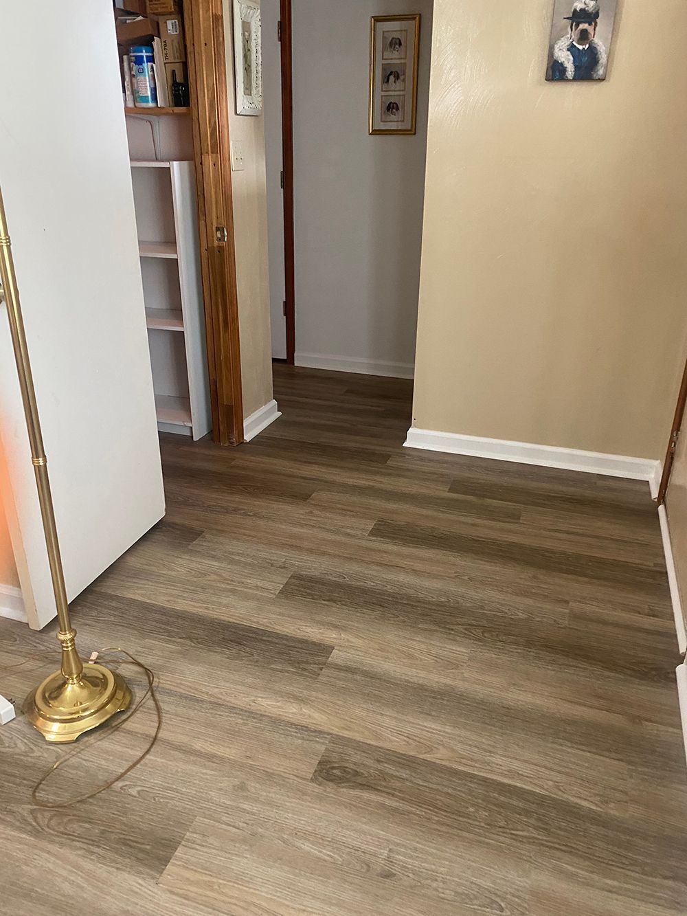 A hallway with hardwood floors and a lamp.