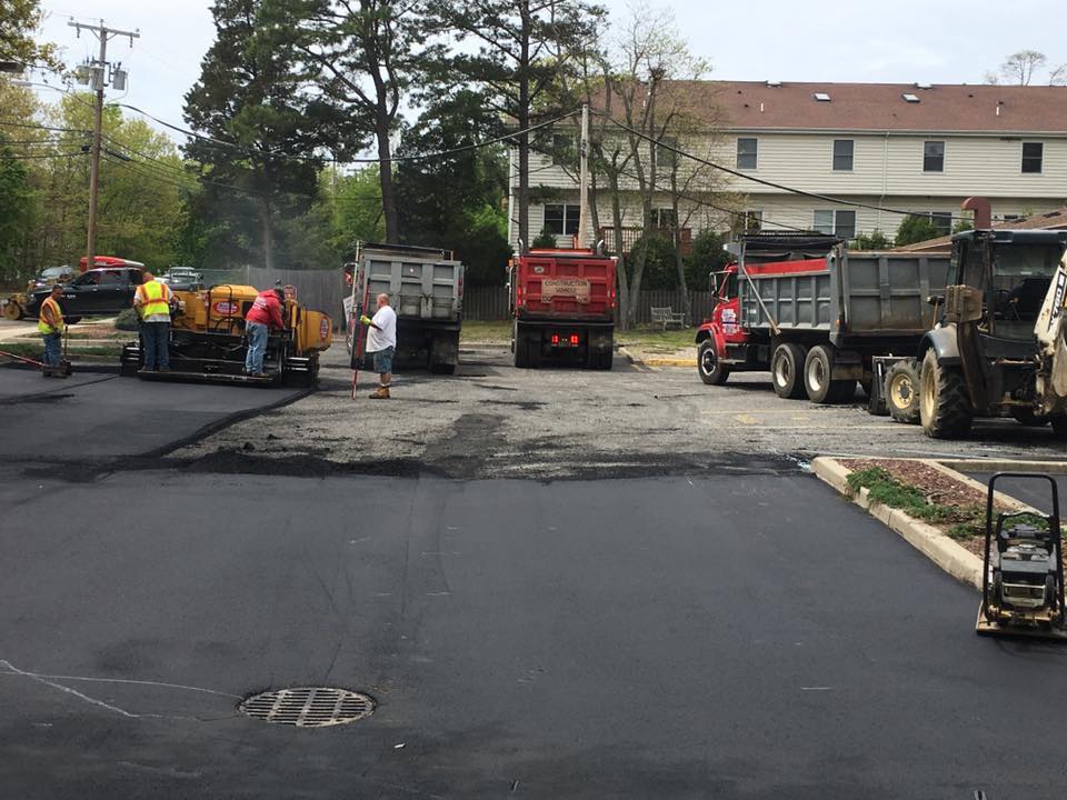 A group of trucks are parked in a parking lot.