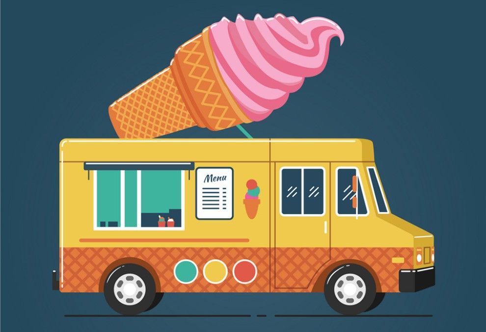 an ice cream truck that sells cones shakes and sundaes