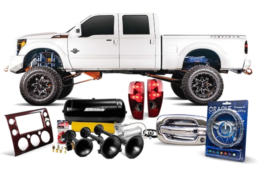White lifted pickup truck with aftermarket parts: horns, lights, trim, and air tank.
