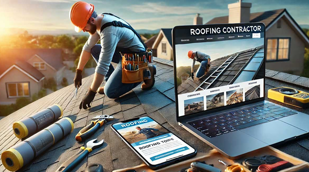 Roofing contractor on a house roof with tools, laptop, and smartphone, showing a roof inspection dashboard.