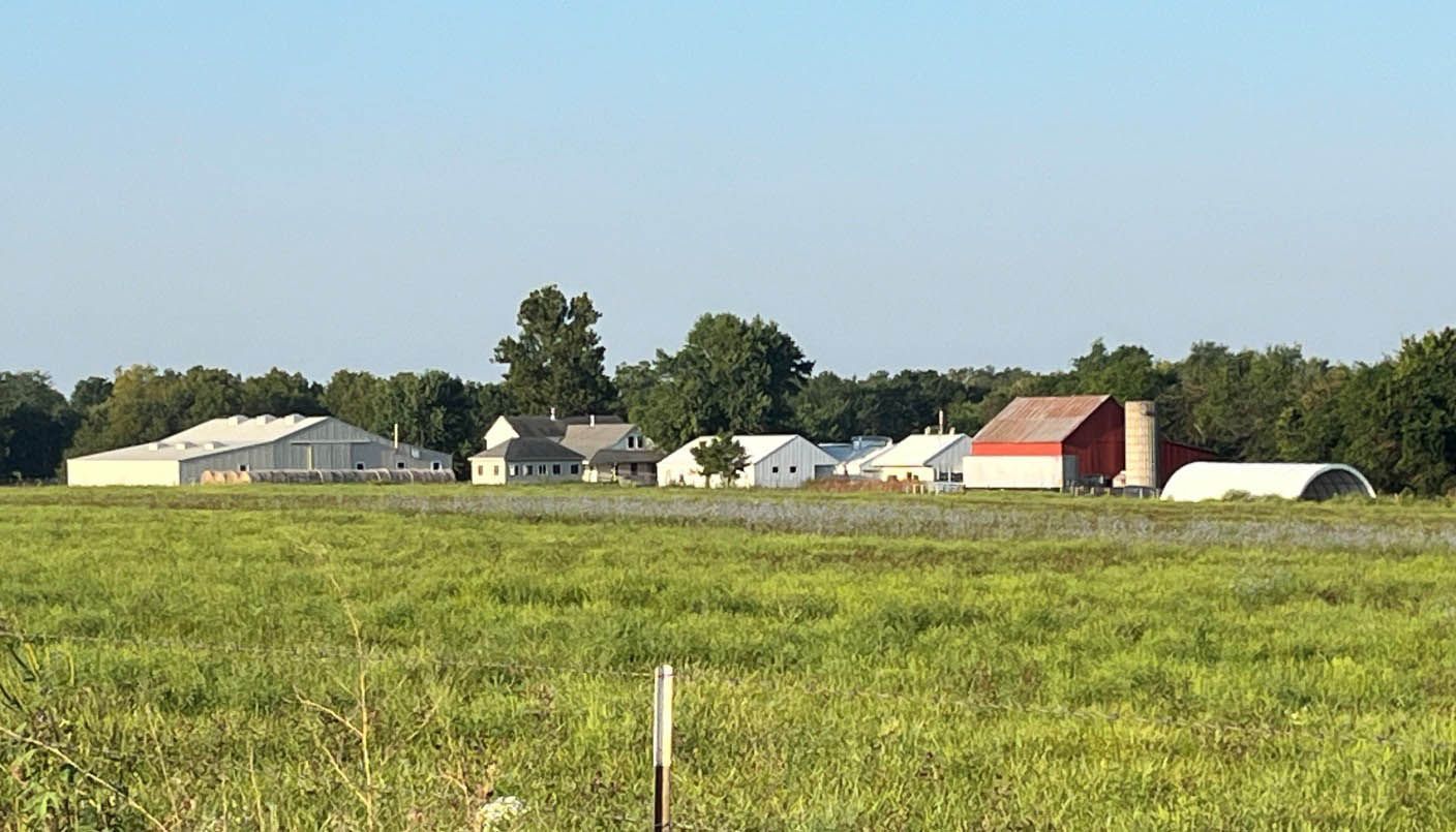 Farm buildings and fields under a blue sky, with a red barn prominent.