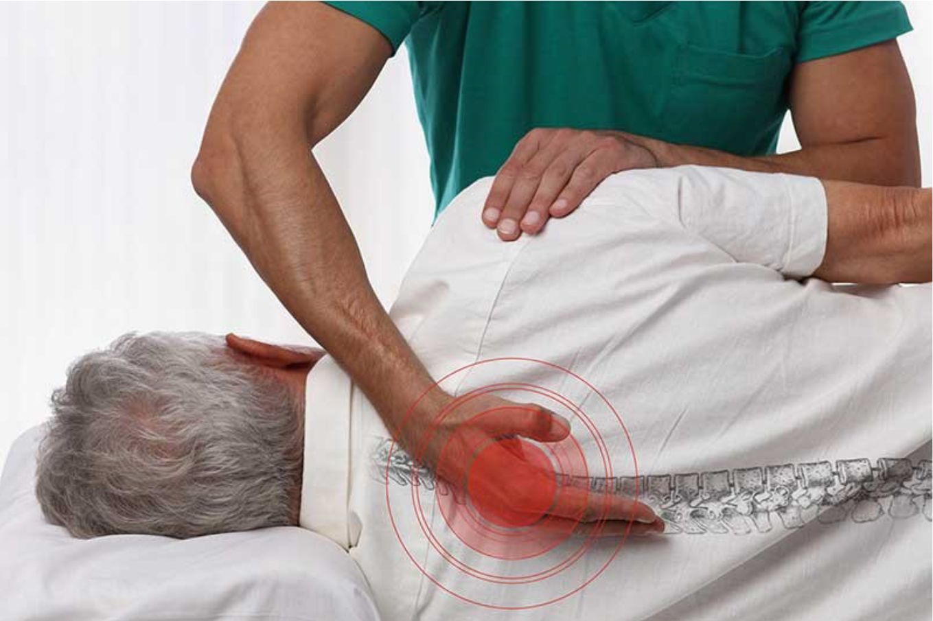Chiropractor adjusting older man's back; red pain circle highlights the area.