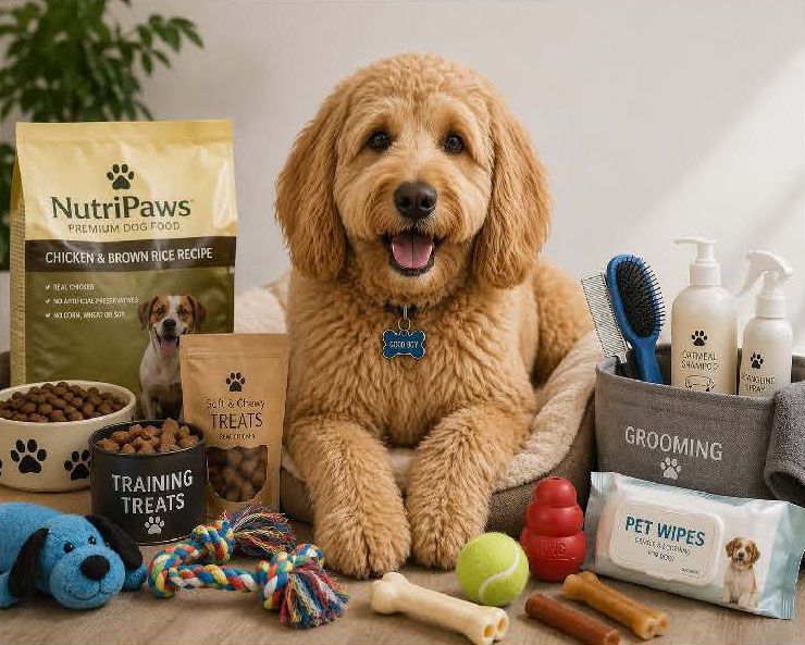 Golden dog sits among pet grooming products, treats, toys, and wipes on a white background.