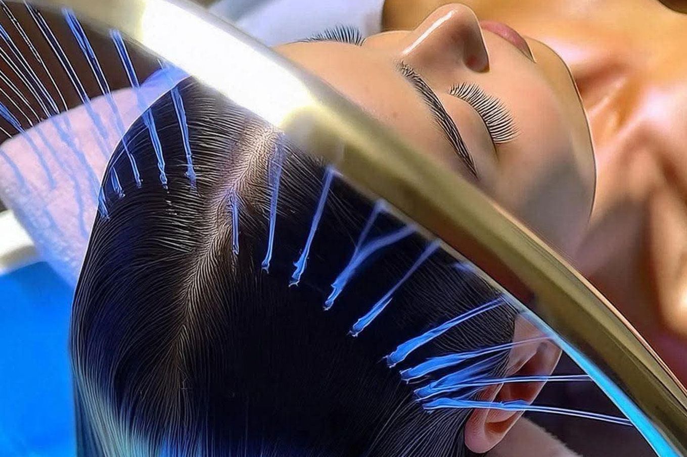 Close-up of a face with blue light streaks and a curved metallic object crossing the foreground