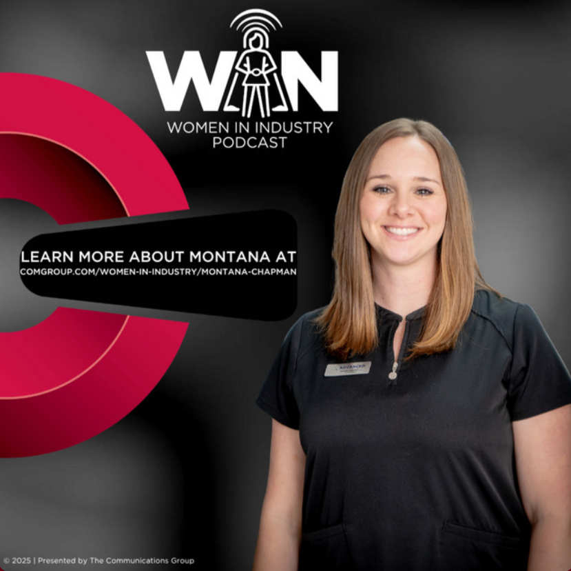 Podcast graphic for Women in Industry. Woman in black shirt smiling. Black, white, and red design.