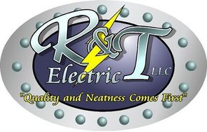 Logo for R&T Electric LLC: silver oval with dark blue center. Contains company name and lightning bolt graphic.