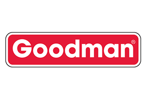 Goodman logo in white text on a red rectangular background with a white border.