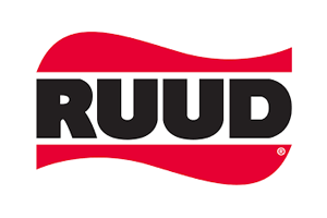 RUUD logo with black letters on white background; red swoosh and rectangle elements.