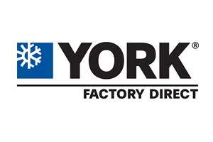 York Factory Direct logo: white snowflake in blue square, black 