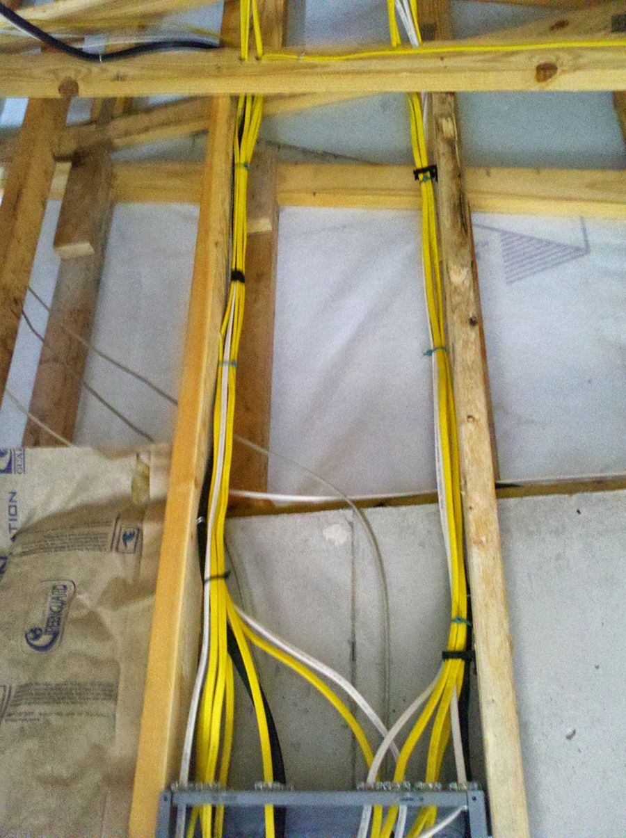 A bunch of yellow wires are hanging from the ceiling.