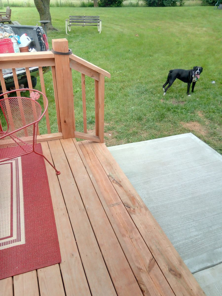 A dog standing on a deck next to a table and chairs.
