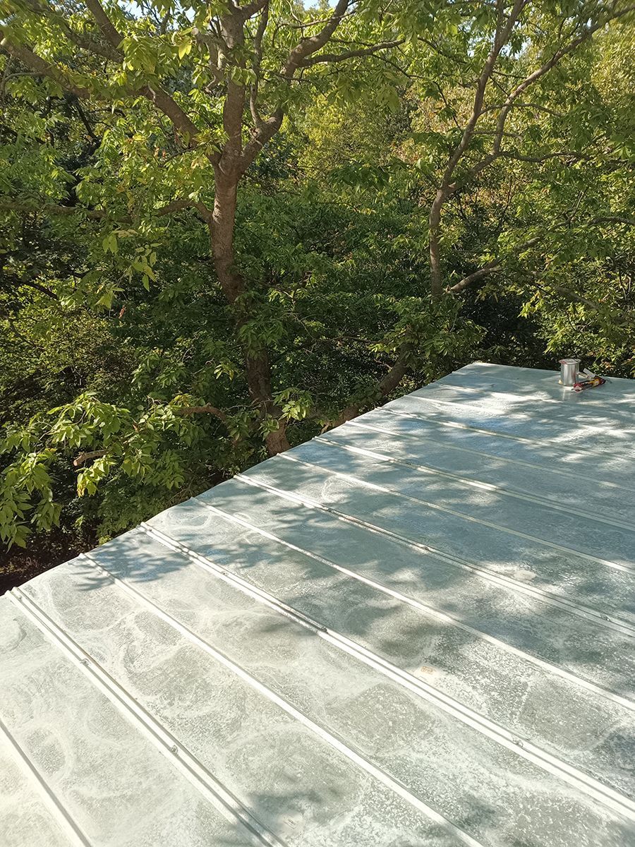 A roof with trees in the background and a bird on it.