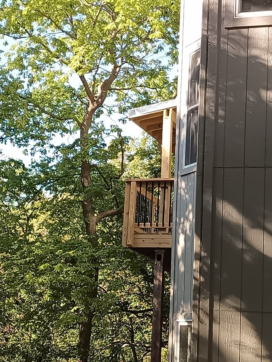 A house with a tree house on the side of it.