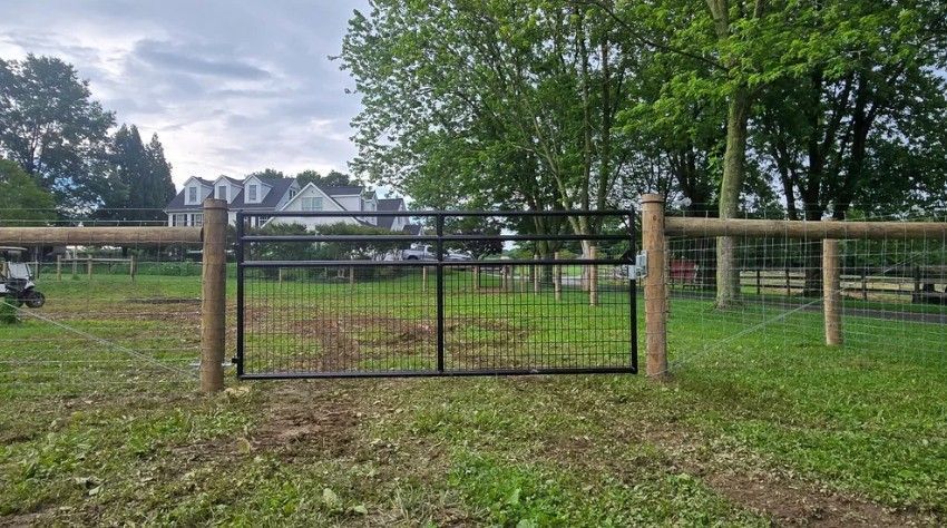 A black metal gate in a wooden fence, leading to a grassy area with a house in the background.