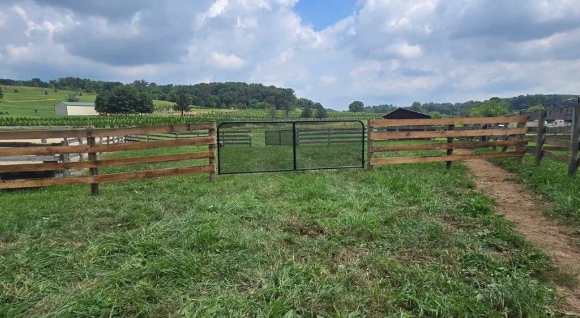 A wooden fence with a black gate in a grassy field. Trees and a cloudy sky are in the background.